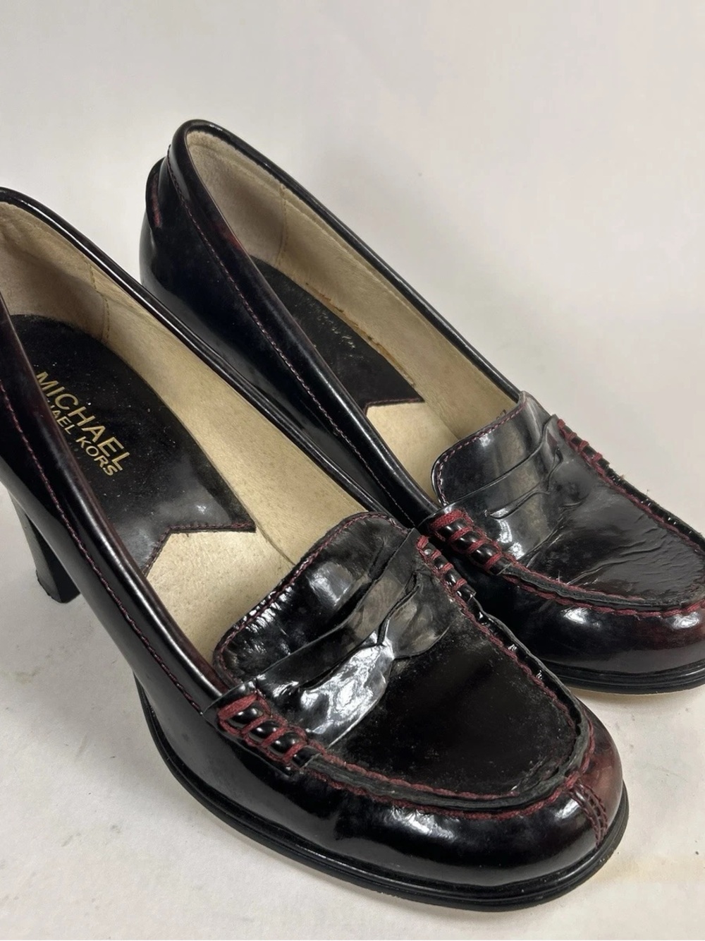 Michael Kors Burgundy Patent Leather Loafers with Red Stitching